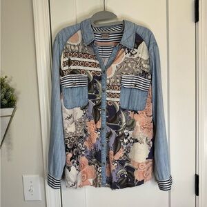 Chico’s Mixed Fabric Denim Button Down Shirt